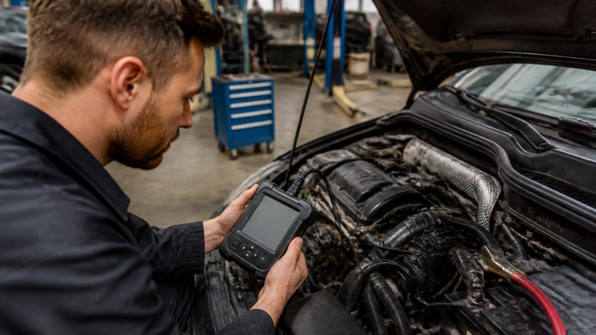 Professional mechanic using a diagnostic scan tool connected to a vehicle's engine control unit, with the scan tool screen displaying diagnostic data and fault codes in a modern workshop with bright overhead lighting
