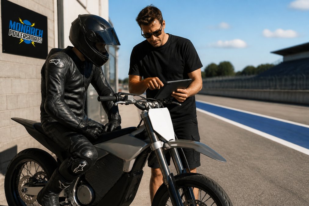 A rider in full protective gear sitting on an electric motorcycle at a private track, with a technician adjusting settings on a tablet nearby in bright daylight