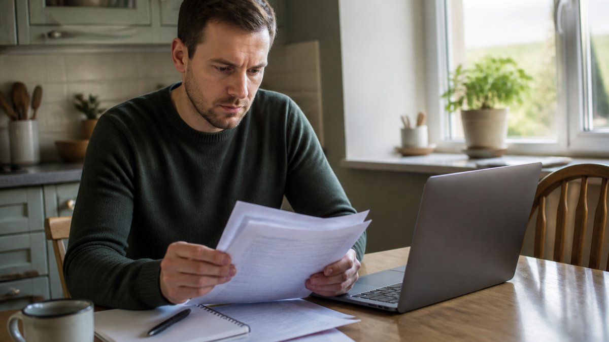 A person in smart-casual clothing sitting at a desk reviewing printed court documents, with a laptop open and a notepad beside them, in a calm home office or solicitor's meeting room setting