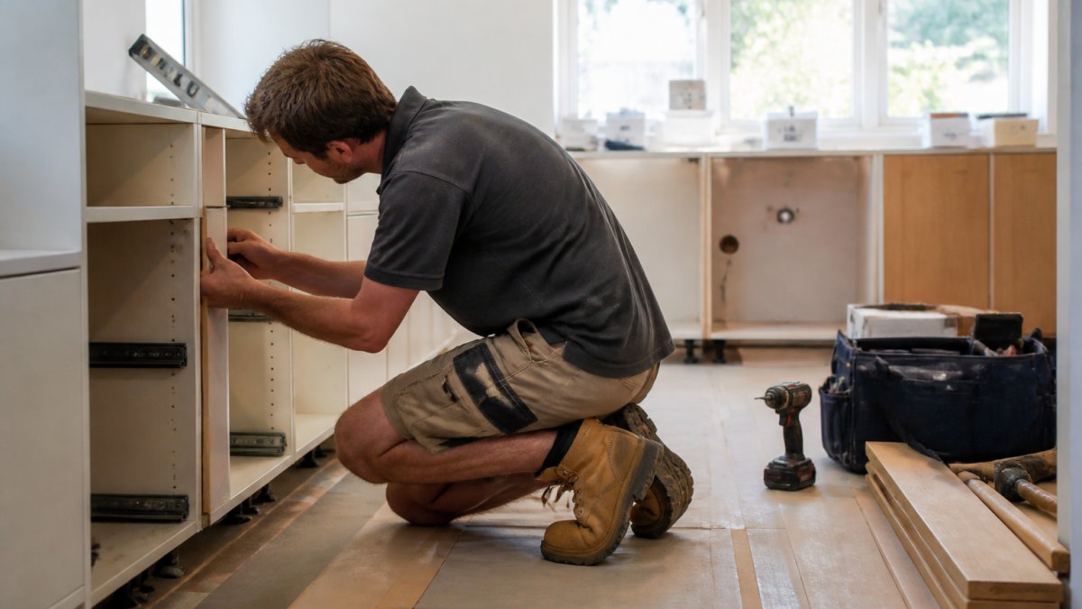 Professional joiner carefully fitting custom cabinetry into a residential kitchen, with tools and materials organised neatly on the floor, natural light from kitchen window