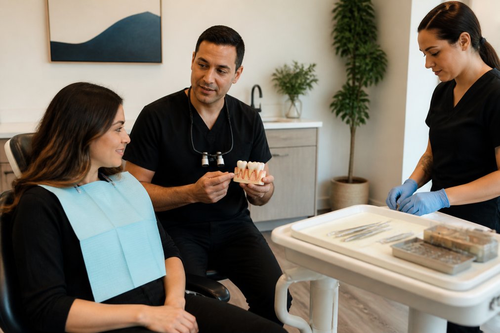 Dentist explaining a model to a patient during a dental crown procedure in a modern clinic