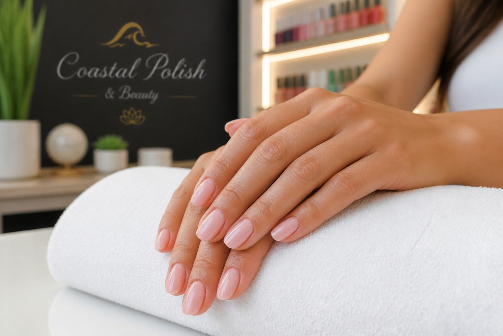 Woman with a glossy dip powder manicure resting her hands on a clean white towel in a bright nail salon