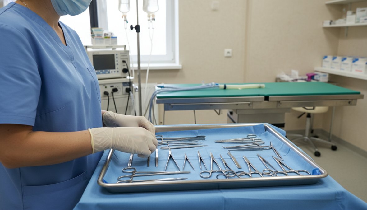 A licensed veterinarian in blue scrubs and sterile gloves carefully arranging surgical instruments on a stainless steel tray in a brightly lit veterinary operating room