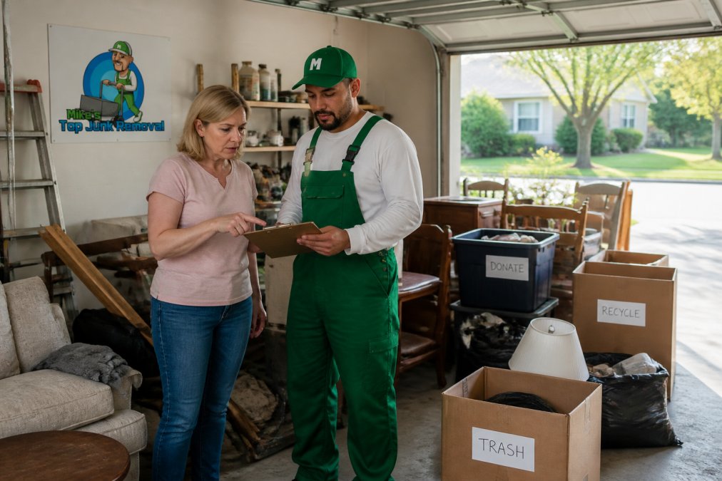 A homeowner and a junk removal crew member reviewing a clipboard checklist in a cluttered garage, with labeled boxes and furniture sorted into piles nearby, afternoon light through an open garage door