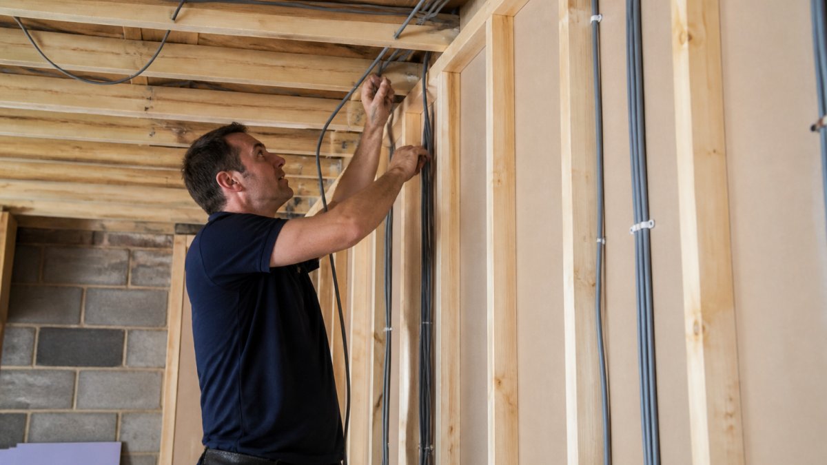 Qualified electrician routing cables through ceiling cavities during a full property rewire.