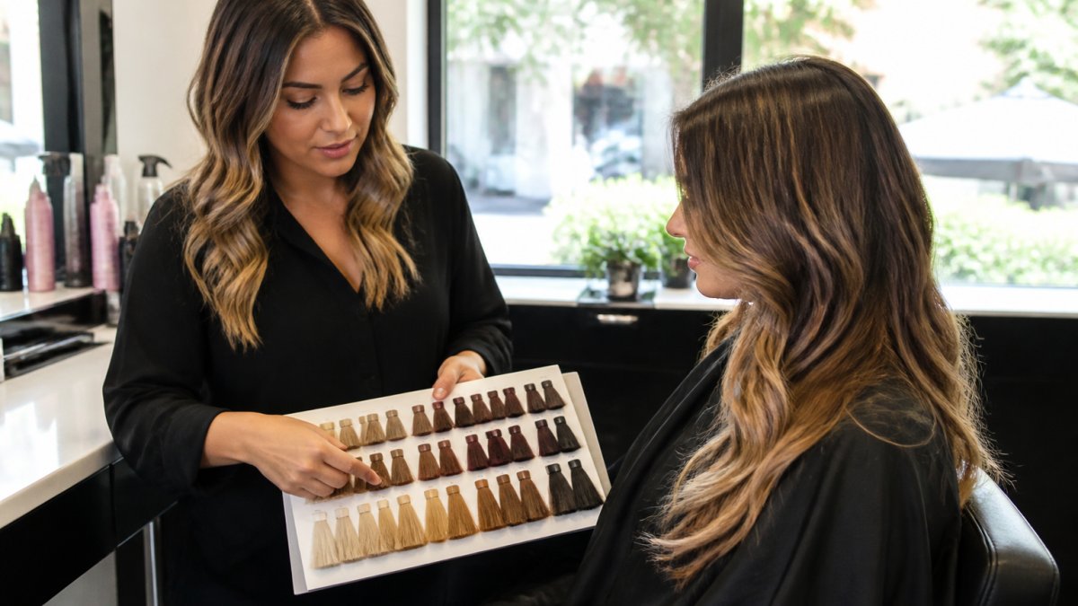A stylist and client reviewing hair color swatches together at a salon station, with the client's hair visible and natural light coming through a window