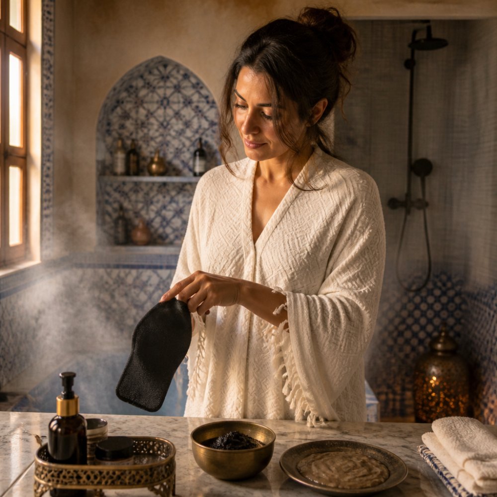 A woman in a warm bathroom wrapping a kessa exfoliating glove onto her hand beside a small bowl of black soap and a clay mask, soft steam in the air, warm natural light