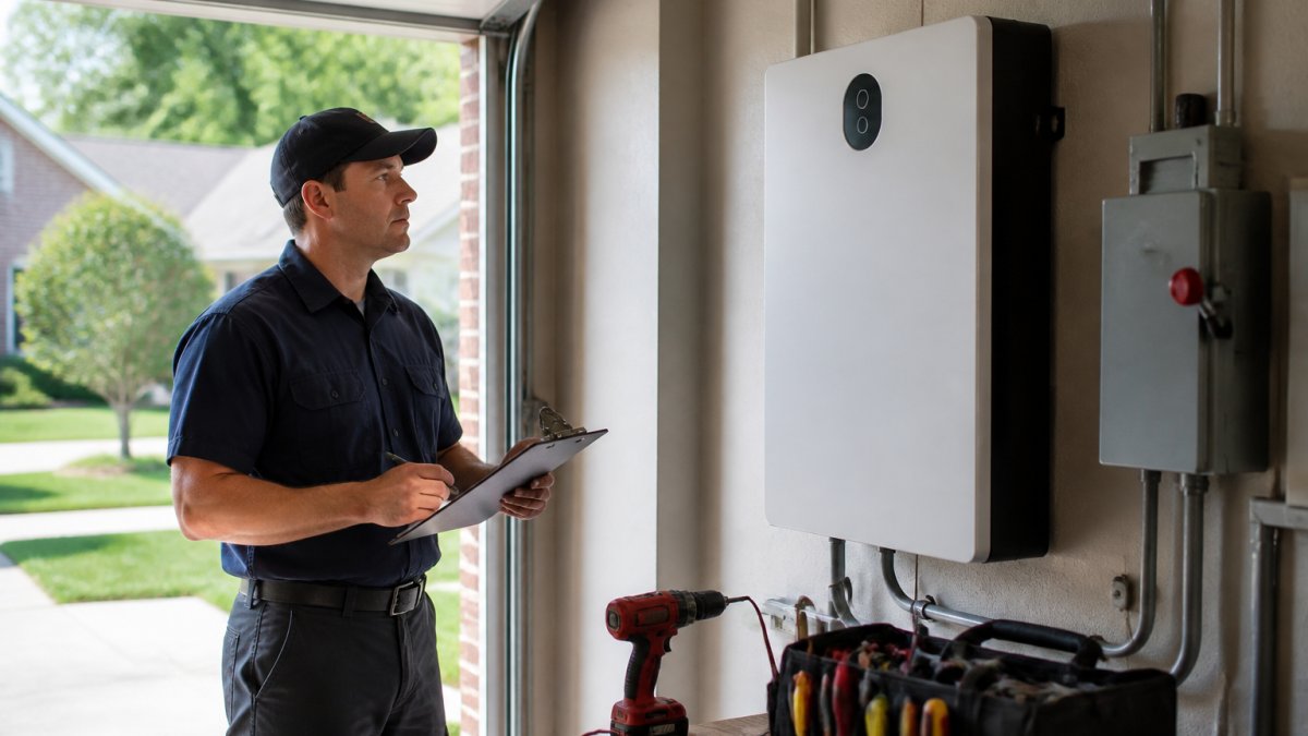Electrician inspecting a wall-mounted home battery system in a residential garage during a maintenance check