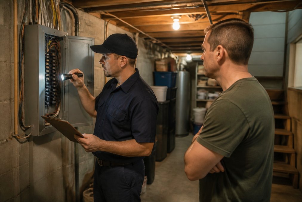 Uniformed inspector checking an electrical panel during a home maintenance inspection while the owner watches.