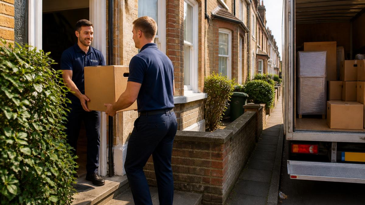 Two uniformed removal workers carrying a labelled cardboard box out of a terraced house towards a removal van parked on a residential street, morning light
