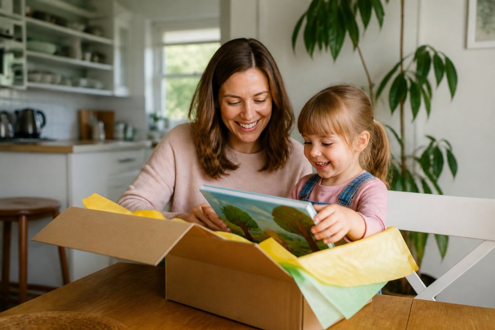 A parent and young child opening a colorful package together at a kitchen table, with a children's book visible inside the box