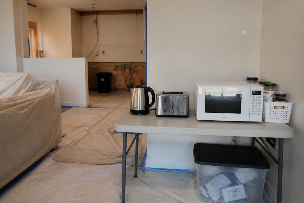A family setting up a temporary kitchen on a table in a living room, with a kettle, toaster and microwave, while renovation dust sheets cover furniture in the background