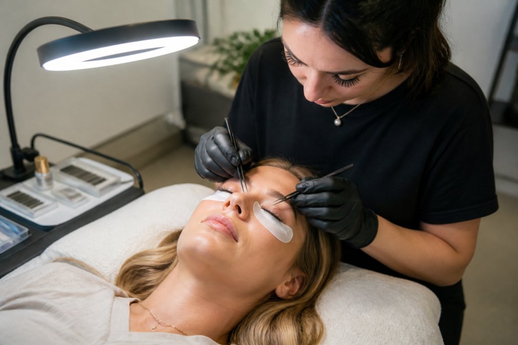 A calm lash studio scene: client lying on a treatment bed with eyes closed and under-eye pads in place, lash technician in gloves working with tweezers under a ring light, softly blurred background with tidy tools on a tray
