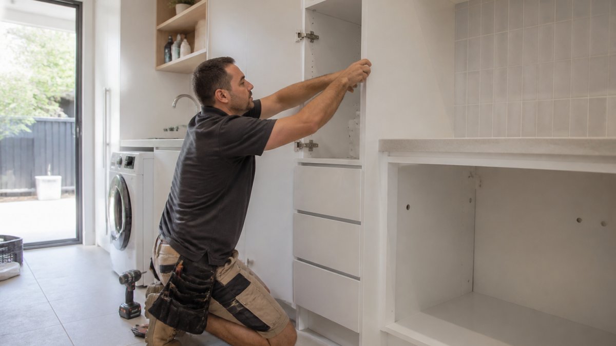 Tradesperson installing custom white cabinetry during a laundry room fitout