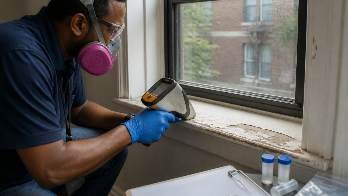 A certified lead inspector in protective gloves using a handheld XRF analyzer on a painted windowsill inside an older apartment, clipboard and sample tubes nearby