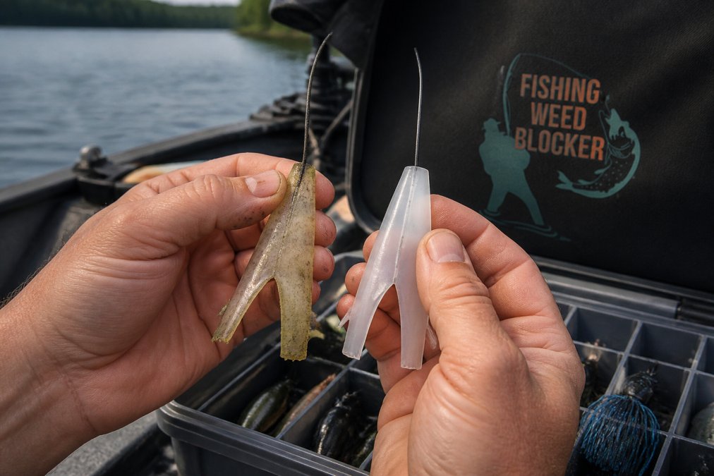 Close-up of an angler's hands holding a worn lure weed protector next to a new one, showing fraying and discoloration on the old device, with a tackle box and lake in the background