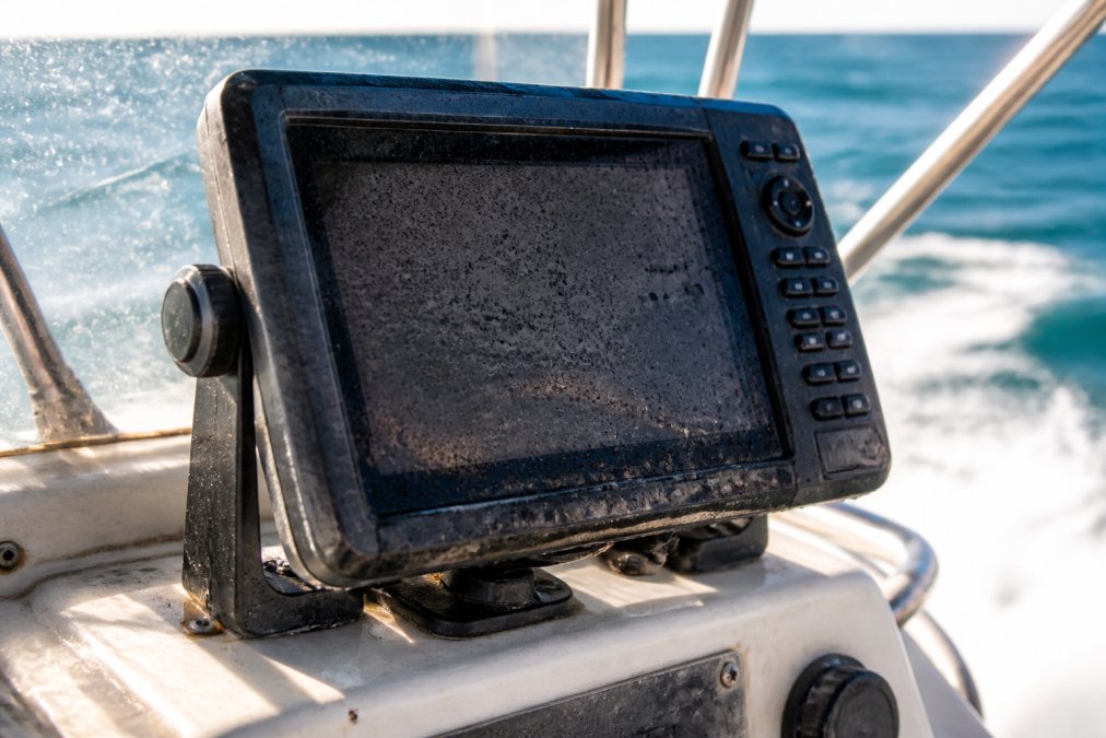 Close-up of a marine GPS chartplotter display mounted on a boat console with saltwater spray visible on the screen and weathered hardware in bright sunlight