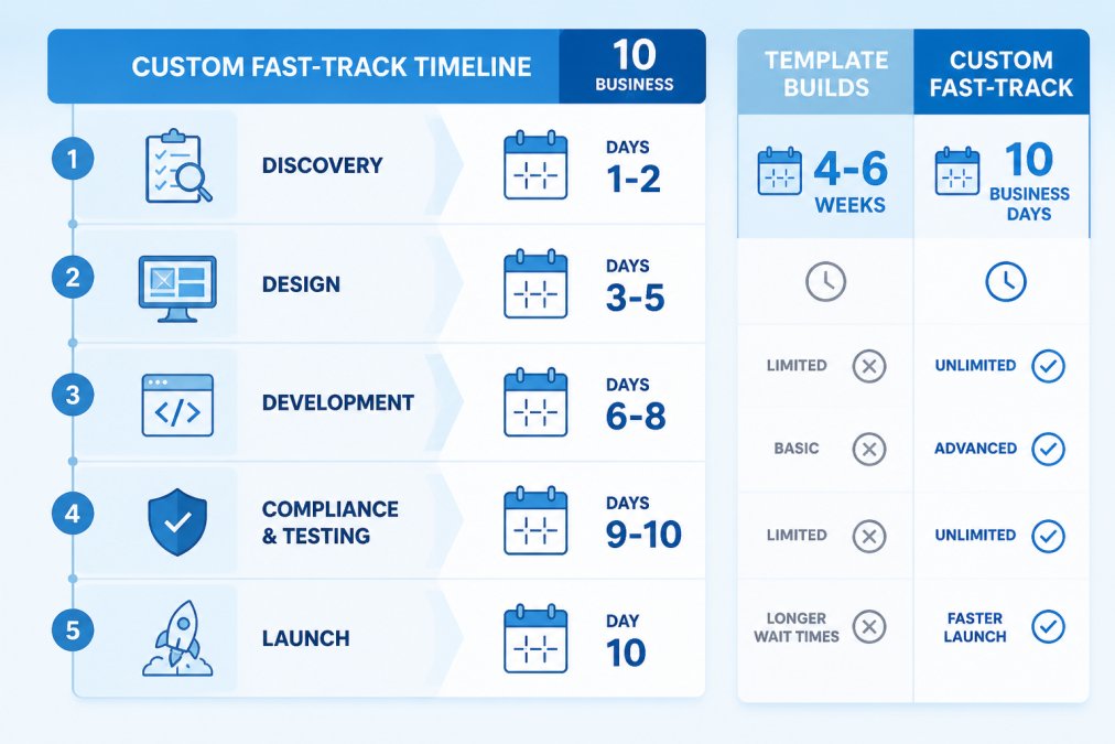 Timeline comparing mortgage website build phases: discovery days 1-2, design days 3-5, development days 6-8, compliance and testing days 9-10, launch day 10, with a sidebar comparing template builds at 4-6 weeks versus custom fast-track at 10 business days