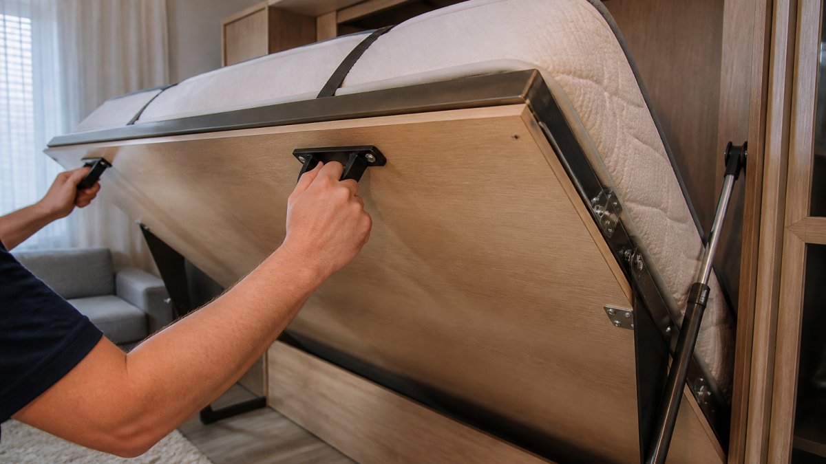 Step-by-step diagram illustrating the proper technique for opening a wall bed using hydraulic pistons