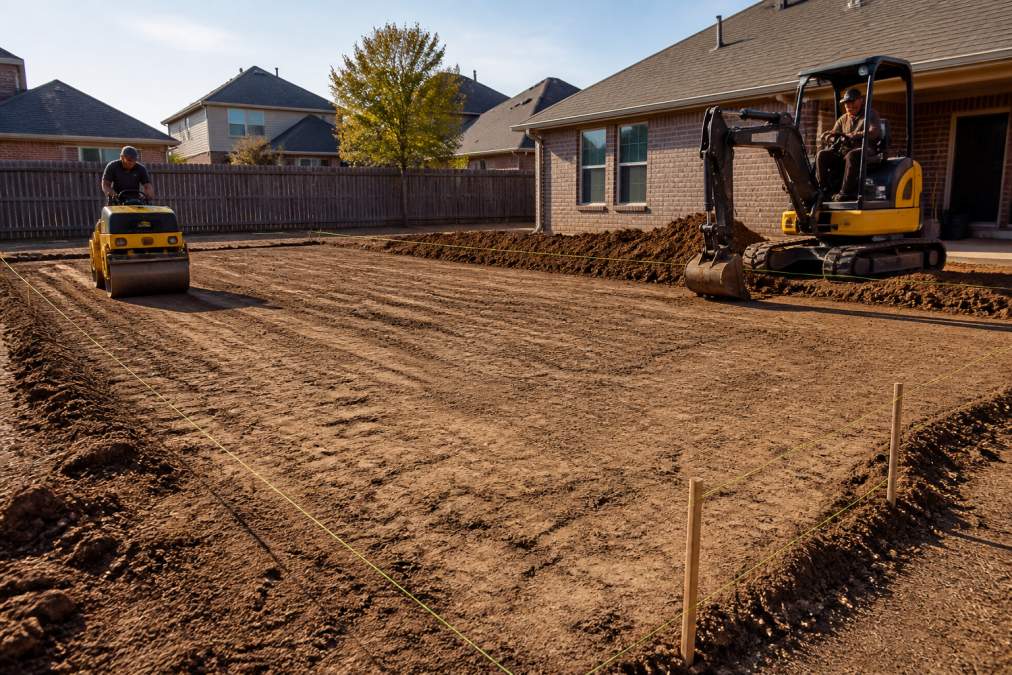 Excavation crew using heavy equipment to grade and prepare residential patio site, with freshly turned soil, compaction equipment visible, and marked-out patio area in afternoon sunlight