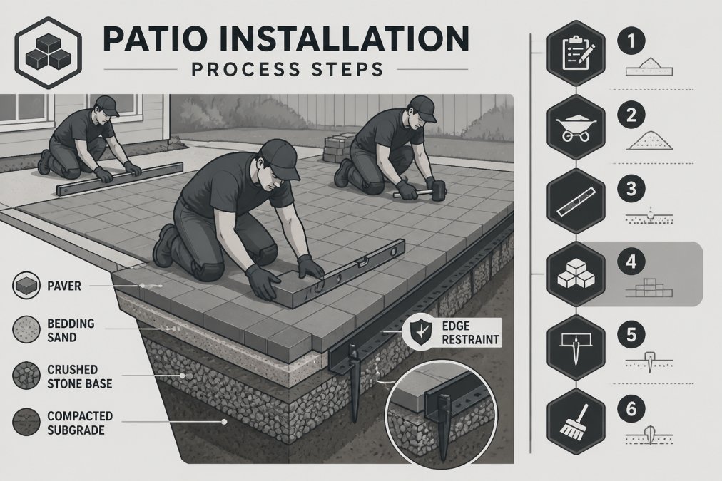 Professional hardscape crew laying pavers on prepared base, showing proper paver alignment, edge restraint installation, and workers using levels and measuring tools in daylight