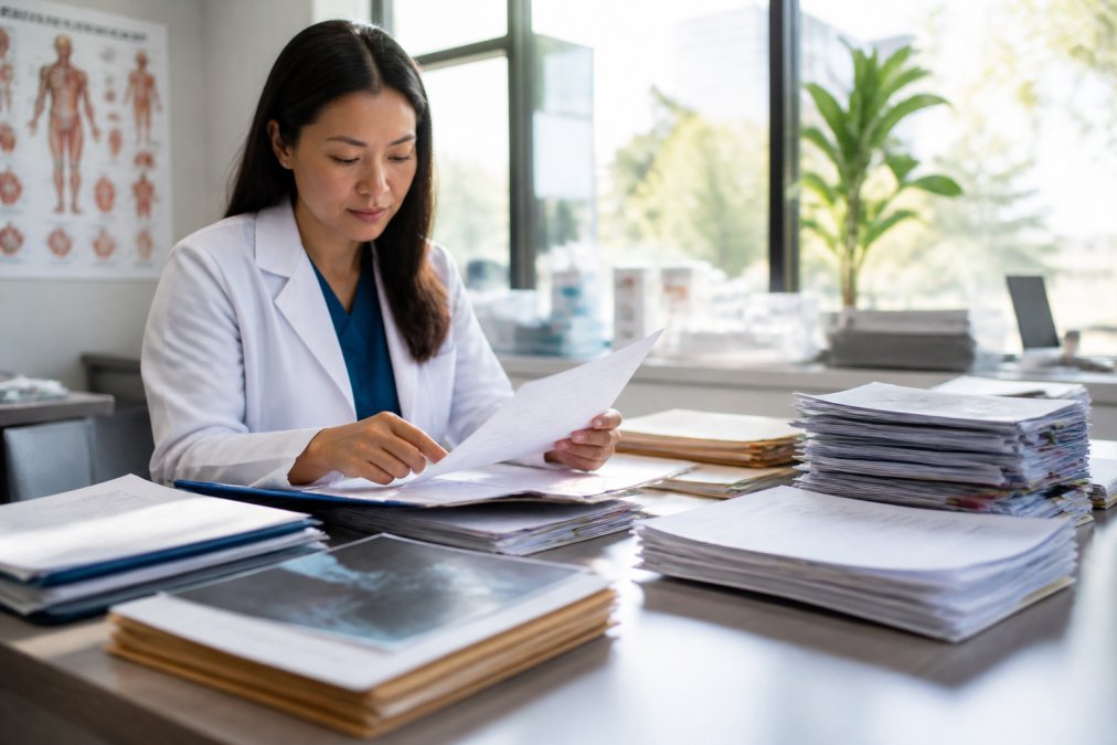 Medical professional documenting injury records and evidence, carefully organizing files and medical reports on a desk in a bright clinical office with natural light streaming through windows