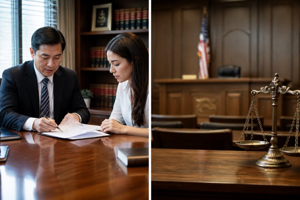 Attorney and client reviewing settlement documents together at a polished wooden desk in a professional law office, natural light illuminating the paperwork and both parties engaged in discussion