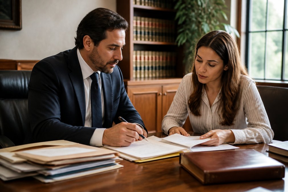 Attorney and client reviewing settlement documents and case files at wooden desk in professional law office with natural light from windows