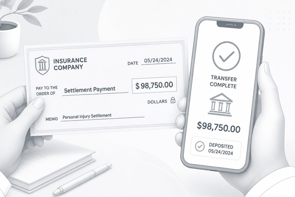 Close-up of hands holding a settlement check from an insurance company with visible amount and date, next to a smartphone showing bank transfer confirmation