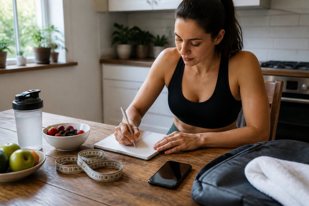 Steps to monitor personalized diet progress using a food tracking app, notebook, and body measurements.