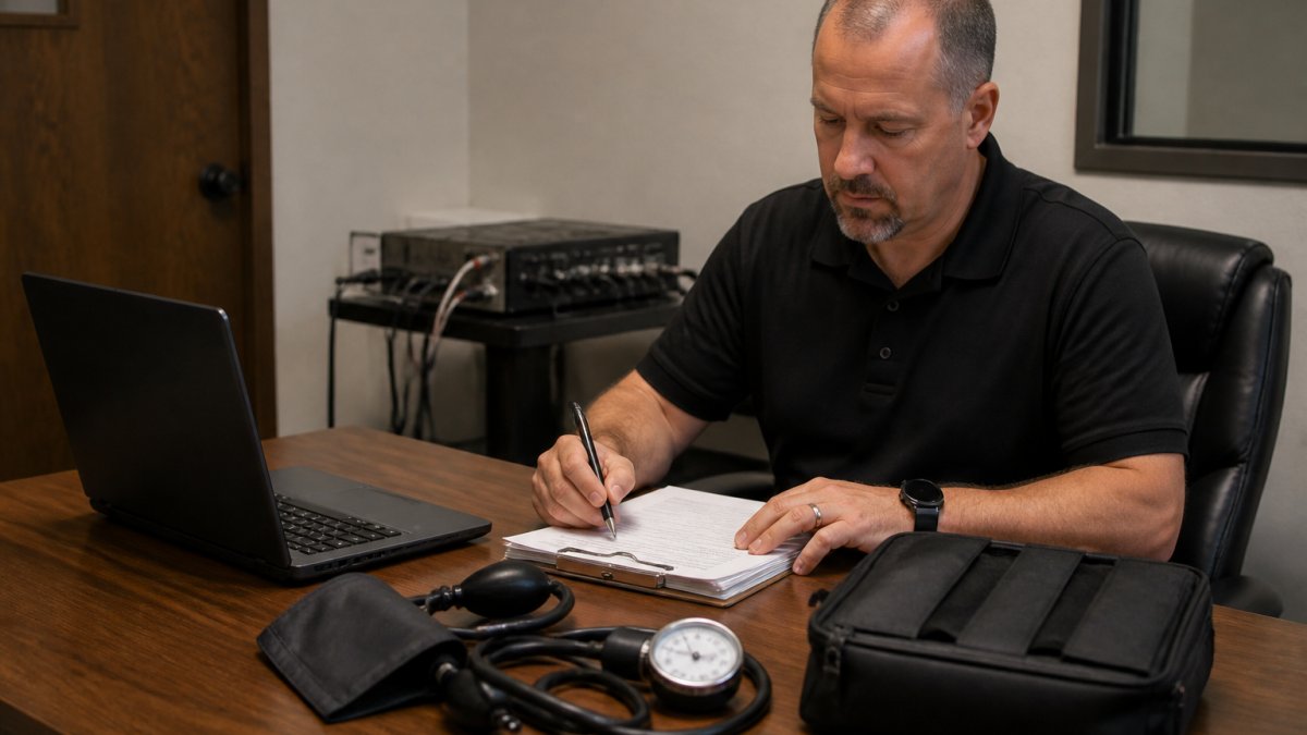 A certified polygraph examiner seated at a desk in a quiet, private examination room, reviewing equipment and paperwork with a laptop and blood pressure cuff visible on the table under soft overhead lighting