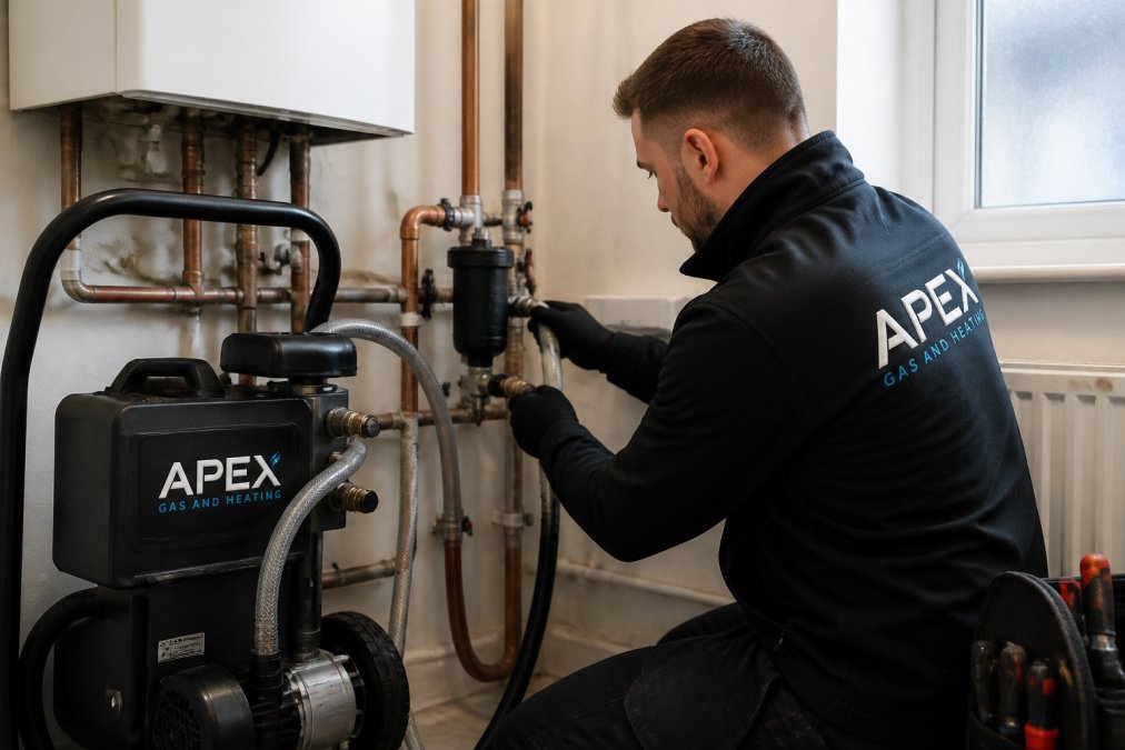 Professional heating engineer connecting power flushing machine to central heating system pipework with magnetic filter visible, demonstrating circulation equipment in action