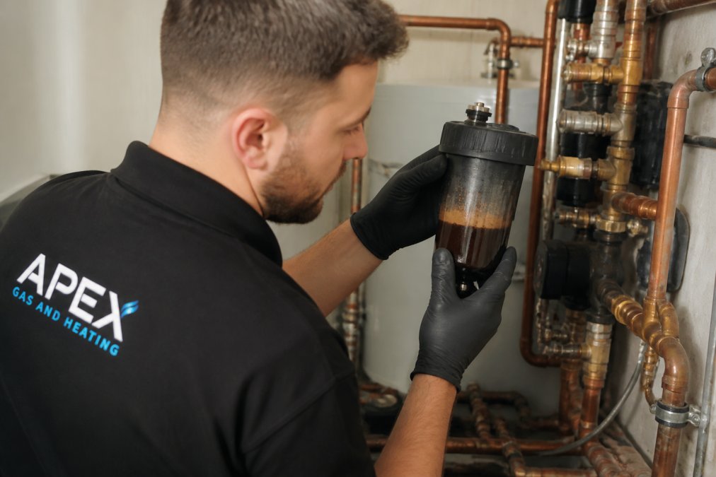 Close-up of heating engineer inspecting water clarity in magnetic filter after power flushing, examining collected debris and system cleanliness during maintenance check