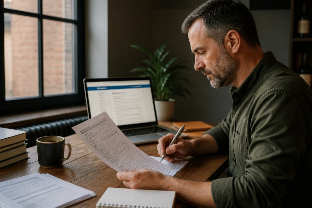 Pub landlord reviewing a printed premises licence application form at a desk