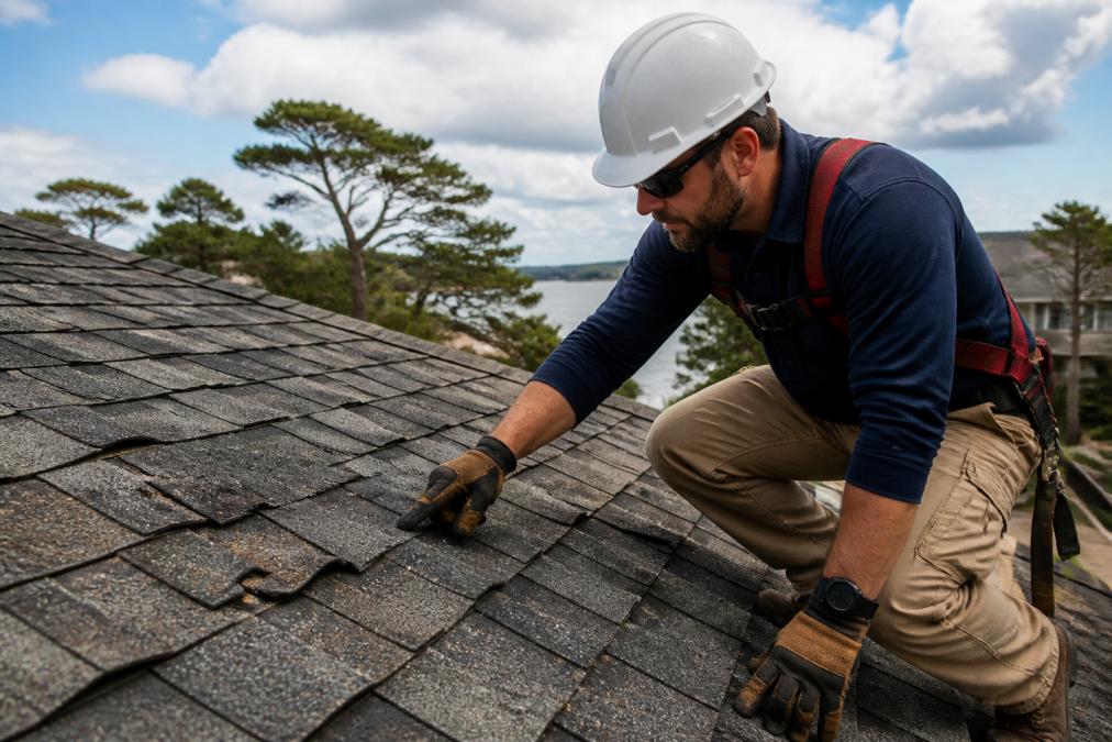 Contractor inspecting curling shingles and granule loss to see how long a roof will last in NC.