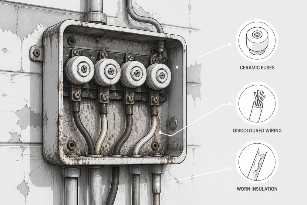 Close-up of an old fuse box with ceramic fuses and discoloured wiring mounted on a weathered wall, showing visible age, rust staining, and worn cable insulation under harsh workshop lighting