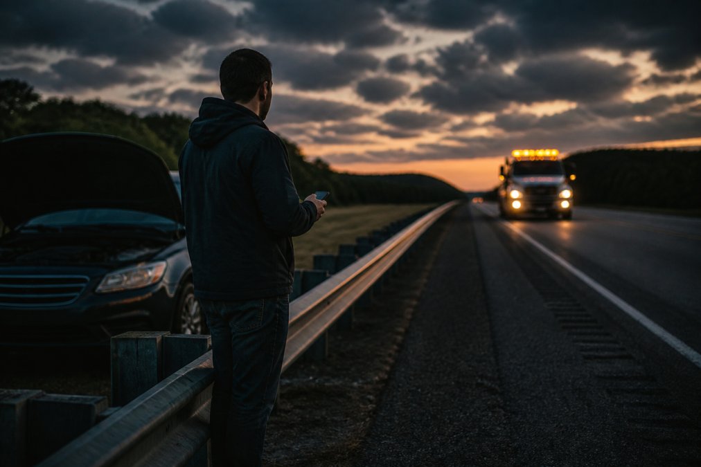 A stranded driver standing safely on the shoulder of a highway behind a guardrail at dusk, holding a phone, with a flatbed tow truck approaching in the distance with its amber lights flashing