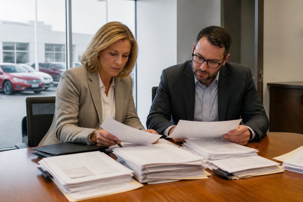 A dealership finance manager and an auditor reviewing a stack of vendor contracts and invoices together at a conference table, papers spread out under bright office lighting
