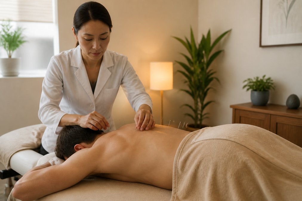 Licensed acupuncturist in white coat carefully placing thin sterile needles on a patient's back during treatment in a calm clinical room with soft warm lighting and peaceful atmosphere