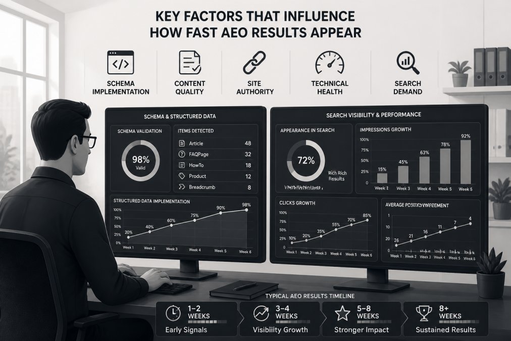 Professional reviewing analytics dashboard on dual monitors showing schema markup validation, structured data implementation, and search visibility metrics in modern office setting with natural lighting