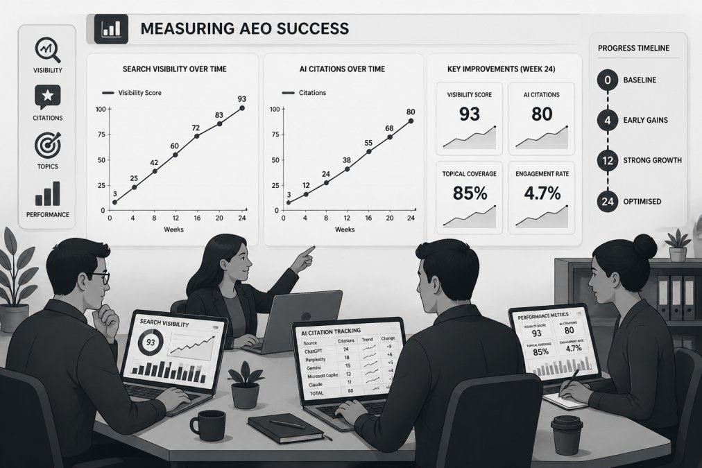Team of digital professionals collaborating around desk with laptops showing search visibility dashboards, AI citation tracking spreadsheets, and performance metrics in modern office environment