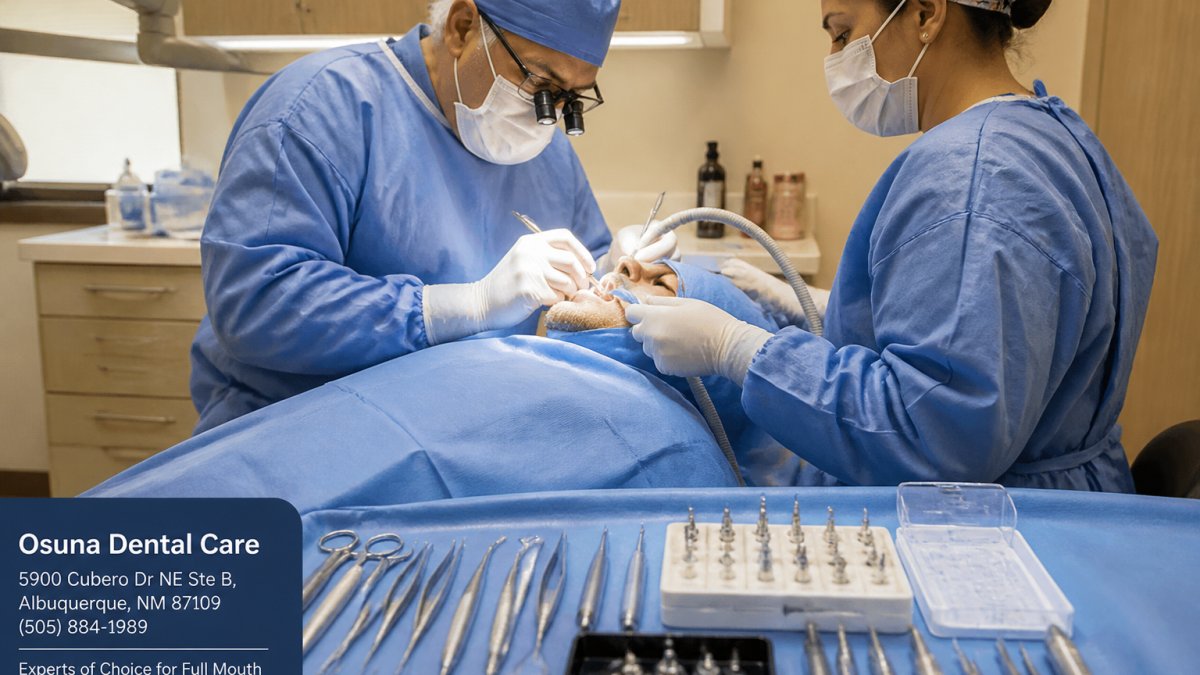 Dental professional performing implant placement procedure on patient in modern surgical chair with overhead lighting and clinical equipment visible