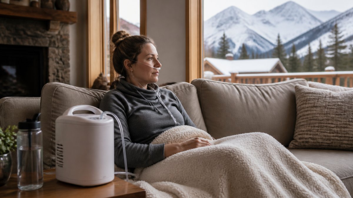 Infographic illustrating steps to manage altitude sickness using oxygen therapy and hydration while resting