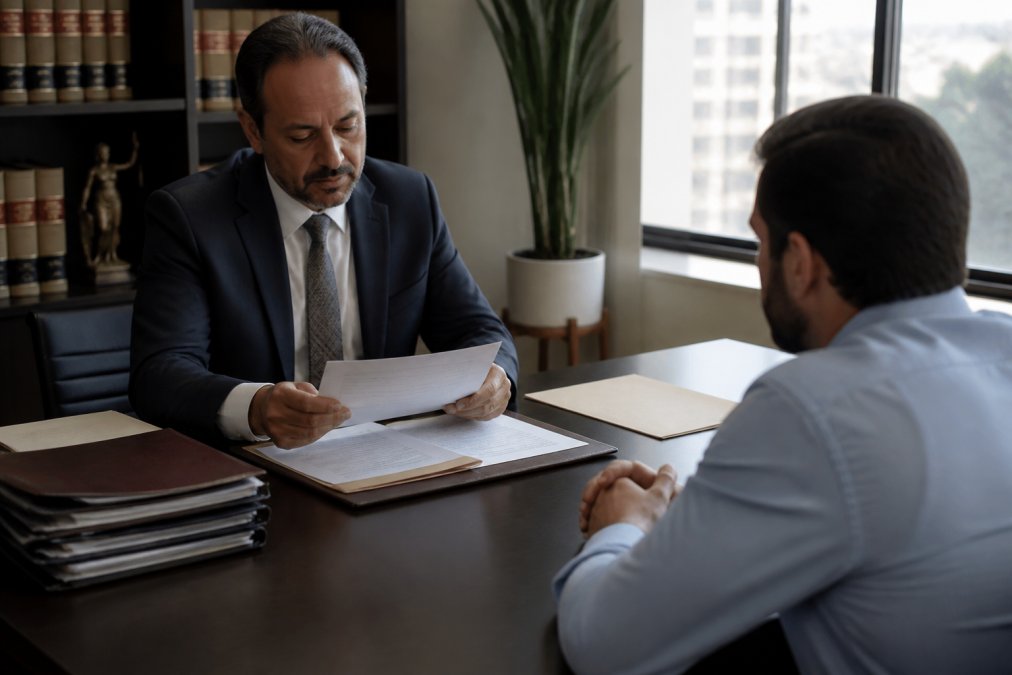 A criminal defense attorney in a suit reviewing case files with a client across a desk in a professional law office, natural light streaming through a window