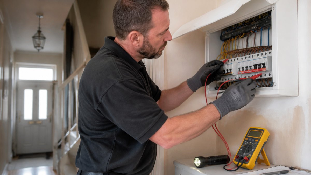 A qualified electrician in safety gloves testing a domestic consumer unit with a multimeter, torch and clipboard nearby, in a typical British home hallway