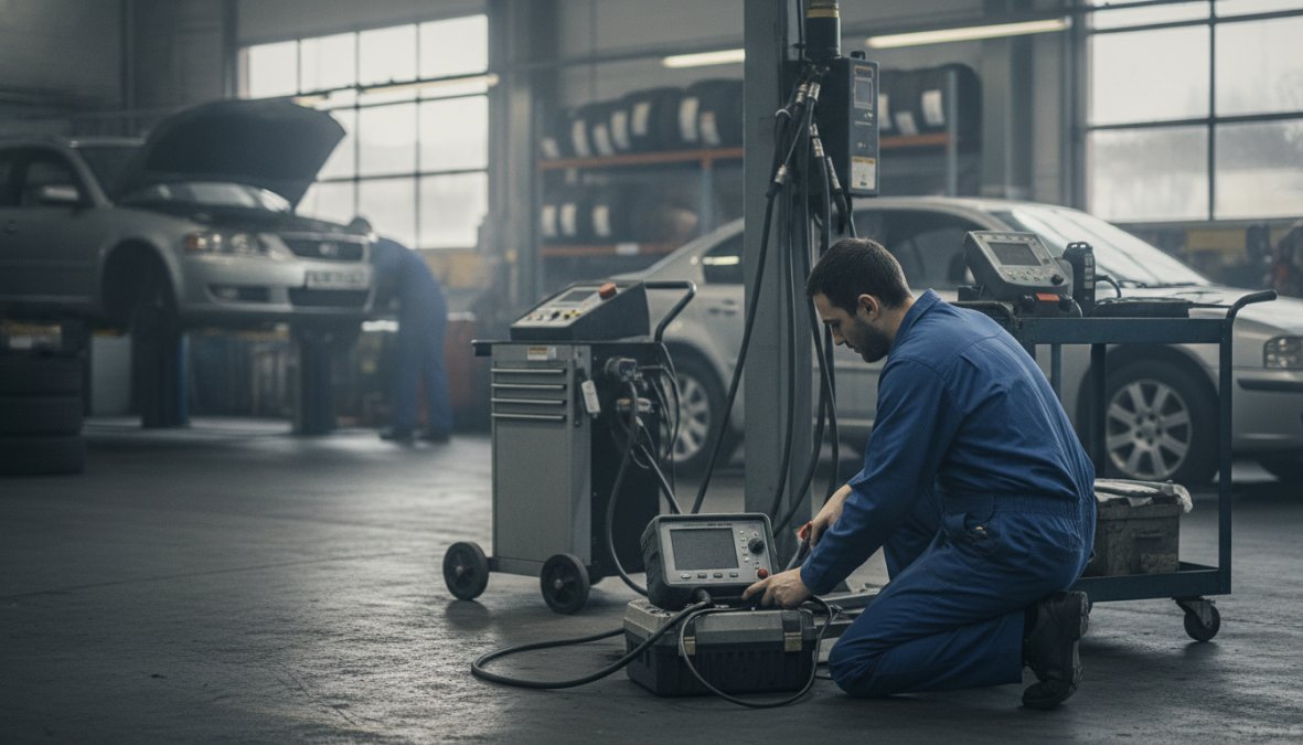 Qualified mechanic performing brake test on vehicle in professional garage with diagnostic equipment visible in background
