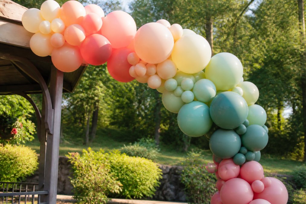 A vibrant organic balloon garland in an outdoor garden setting, showing a mix of latex balloons in sunlight with some slight color fading on the sun-facing side