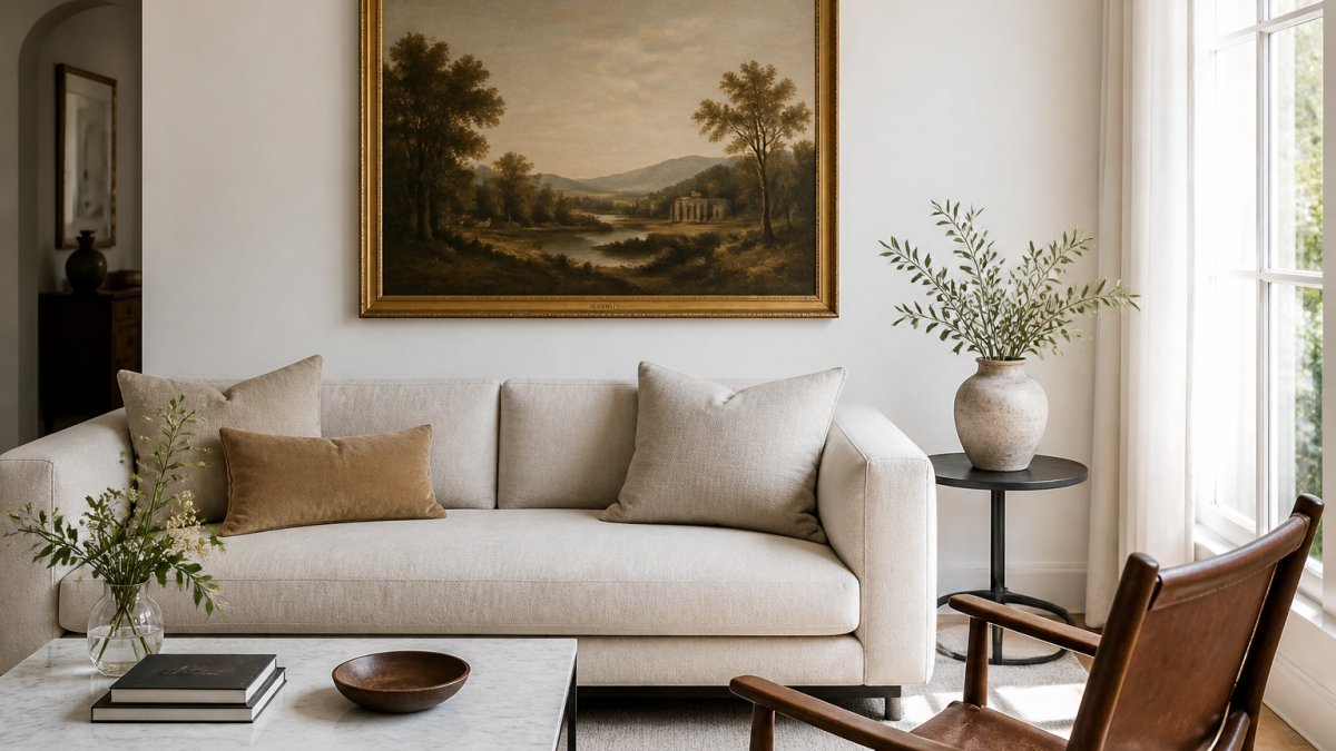 Infographic showing how to balance art history decor in a modern living room with vintage landscape art.