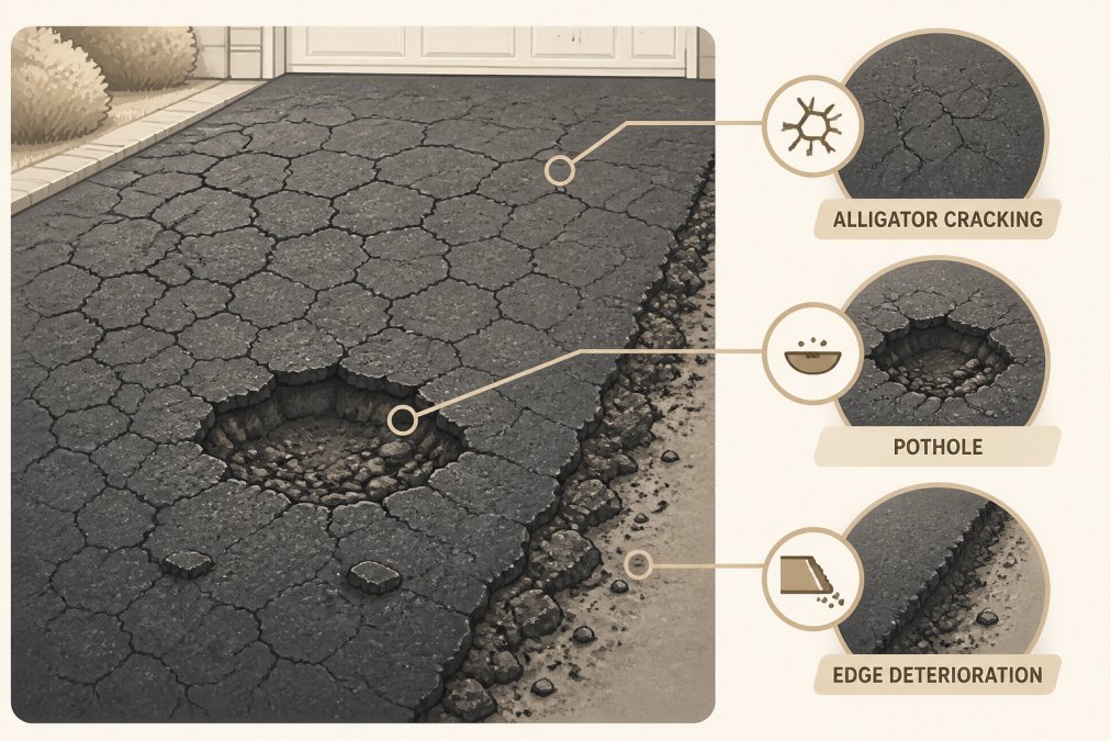Close-up of a deteriorated asphalt driveway in natural daylight showing a network of alligator cracking across the surface, with visible pothole damage and surface deterioration along the edges