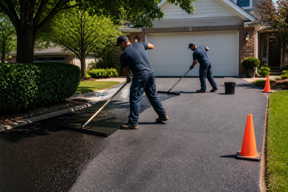 A two-person paving crew applying dark sealcoat to a freshly cleaned residential asphalt driveway using a large squeegee on a sunny afternoon, with a sealcoat bucket and protective cones visible nearby